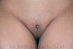 Kristina Intimpiercing bei der Frau - Ansicht von vorne,
Piercing mit 1,6mm Titanstab mit irisierenden Glaskristallen durch den Venushügel, gestochen von Dieter Huhn, Skinfactory Tattoo und Piercing, Bonn